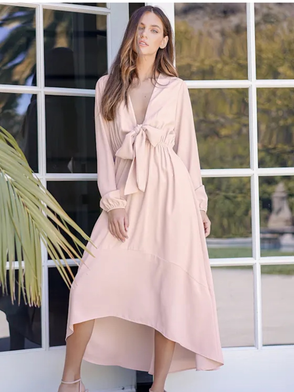 Lulu's Blush Pink Tie-Front Long Sleeve High-Low Midi Dress